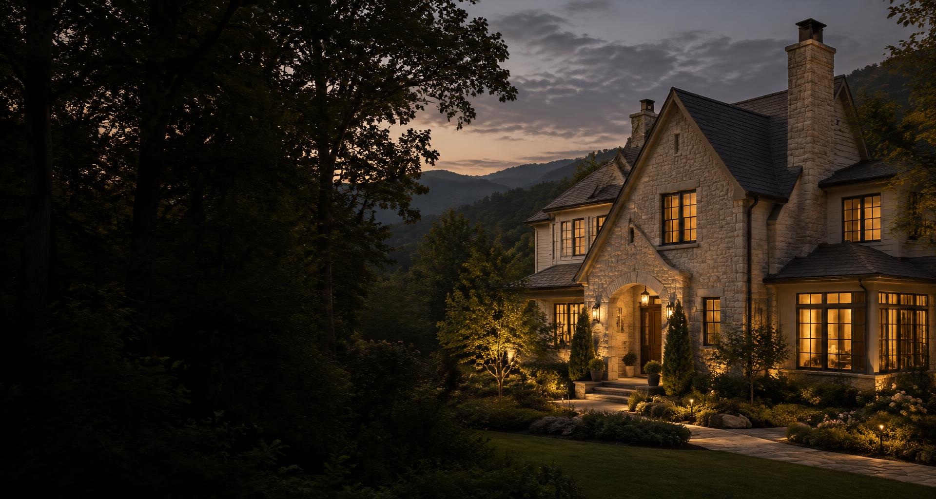 A warmly lit Tennessee home surrounded by mature trees at dusk